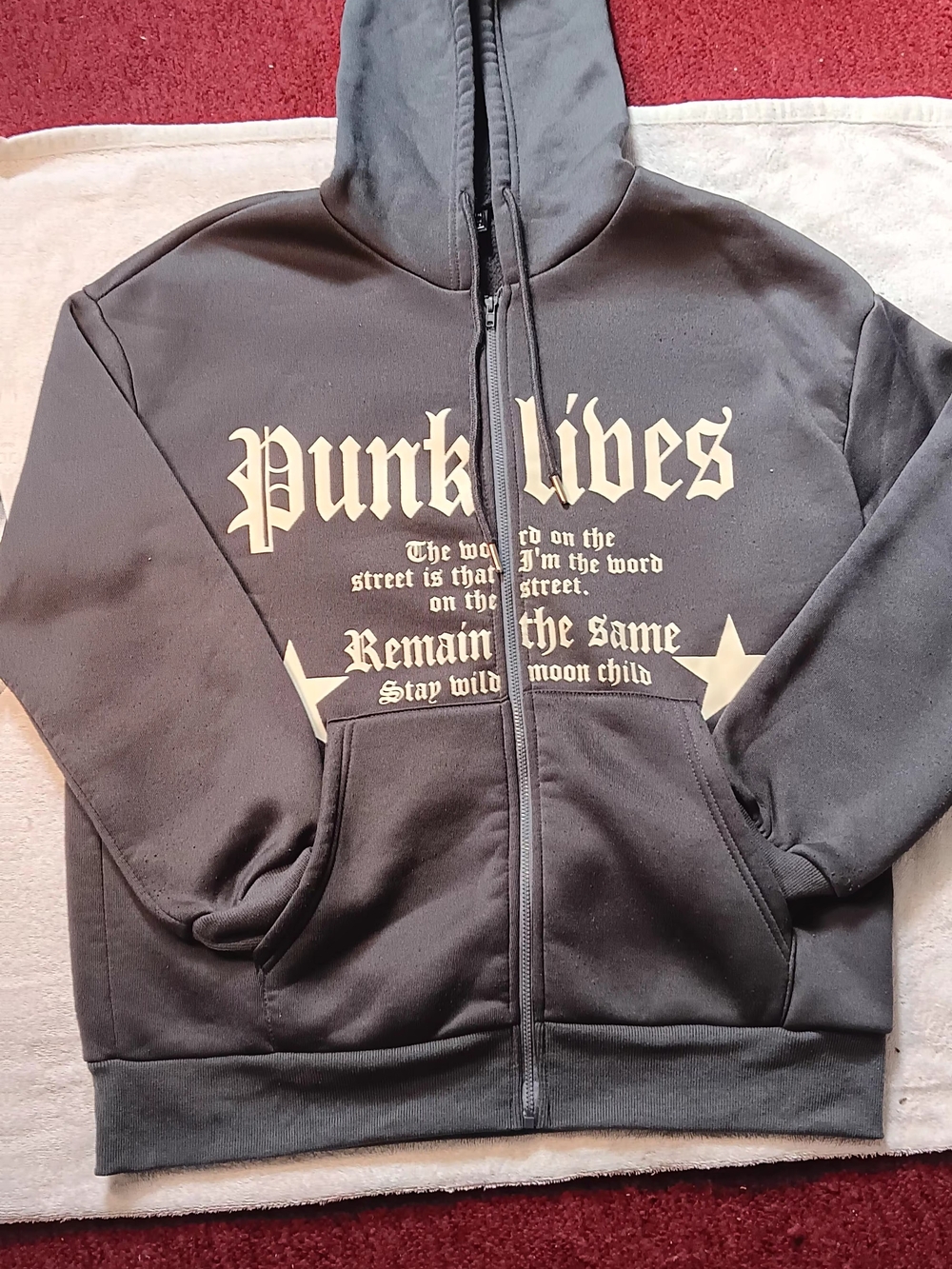 SHEIN Black Zip-Up Hoodie with Cream 'Punk Lives' Graphic